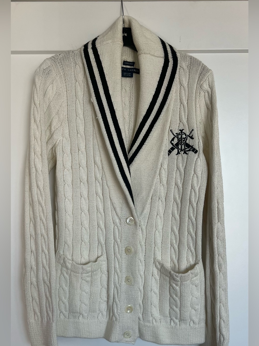 Ralph Lauren Shawl Collar Cable Knit Button Cardigan Sweater Ivory/Cream Size L